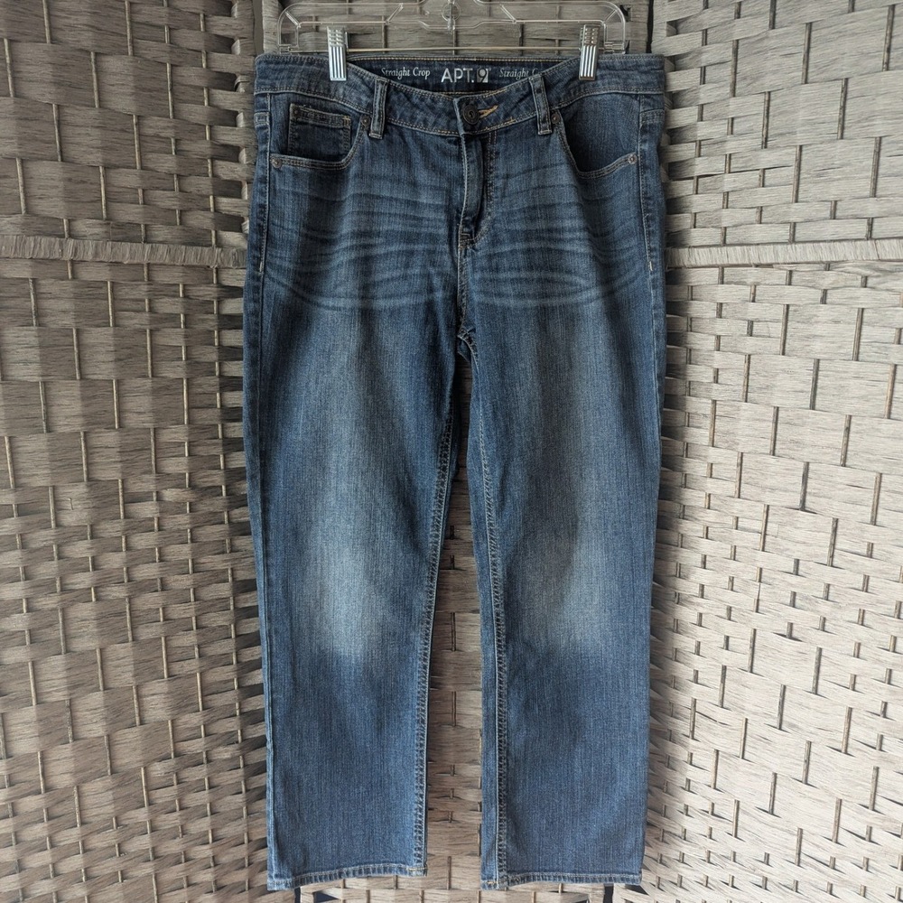 Apt. 9 Straight Crop Jeans Blue Denim Embroidered Back Pockets Rhinestone Sz 10